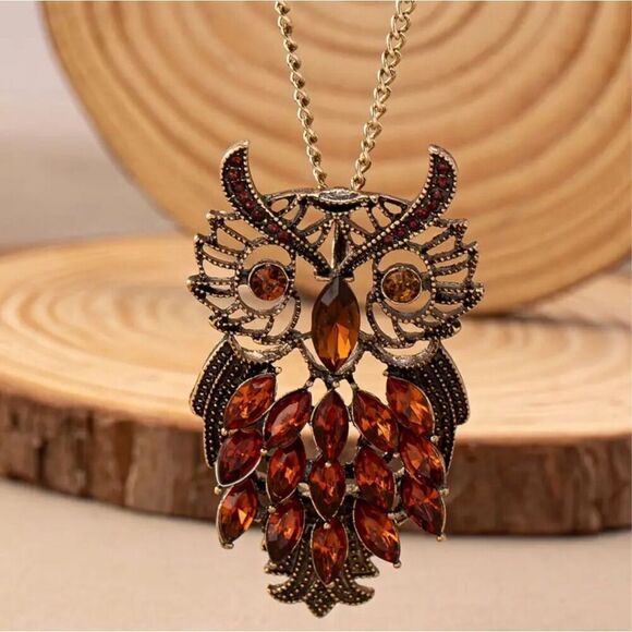 Vintage Style Boho Owl Necklace Long Chain Amber Rhinestone Pendant Jewelry Gift - Picture 3 of 12
